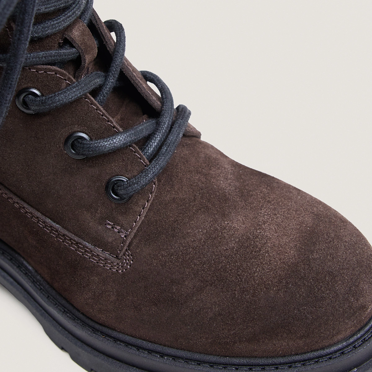 Lace-up lug-sole low boots in black suede and black leather | LOUANE