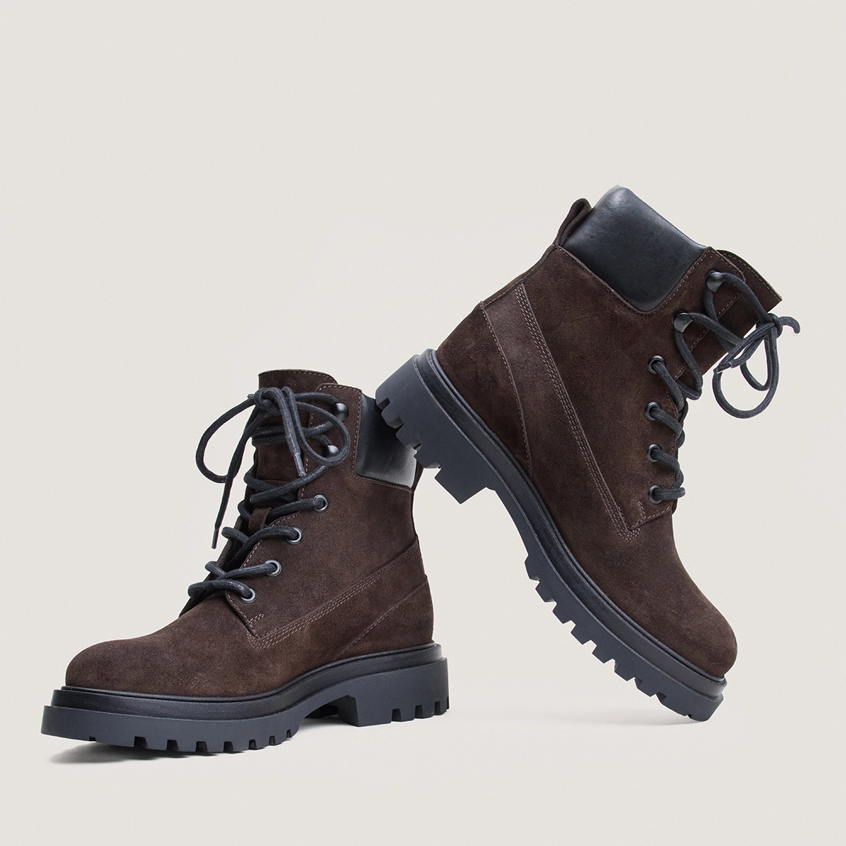 Lace-up lug-sole low boots in black suede and black leather | LOUANE