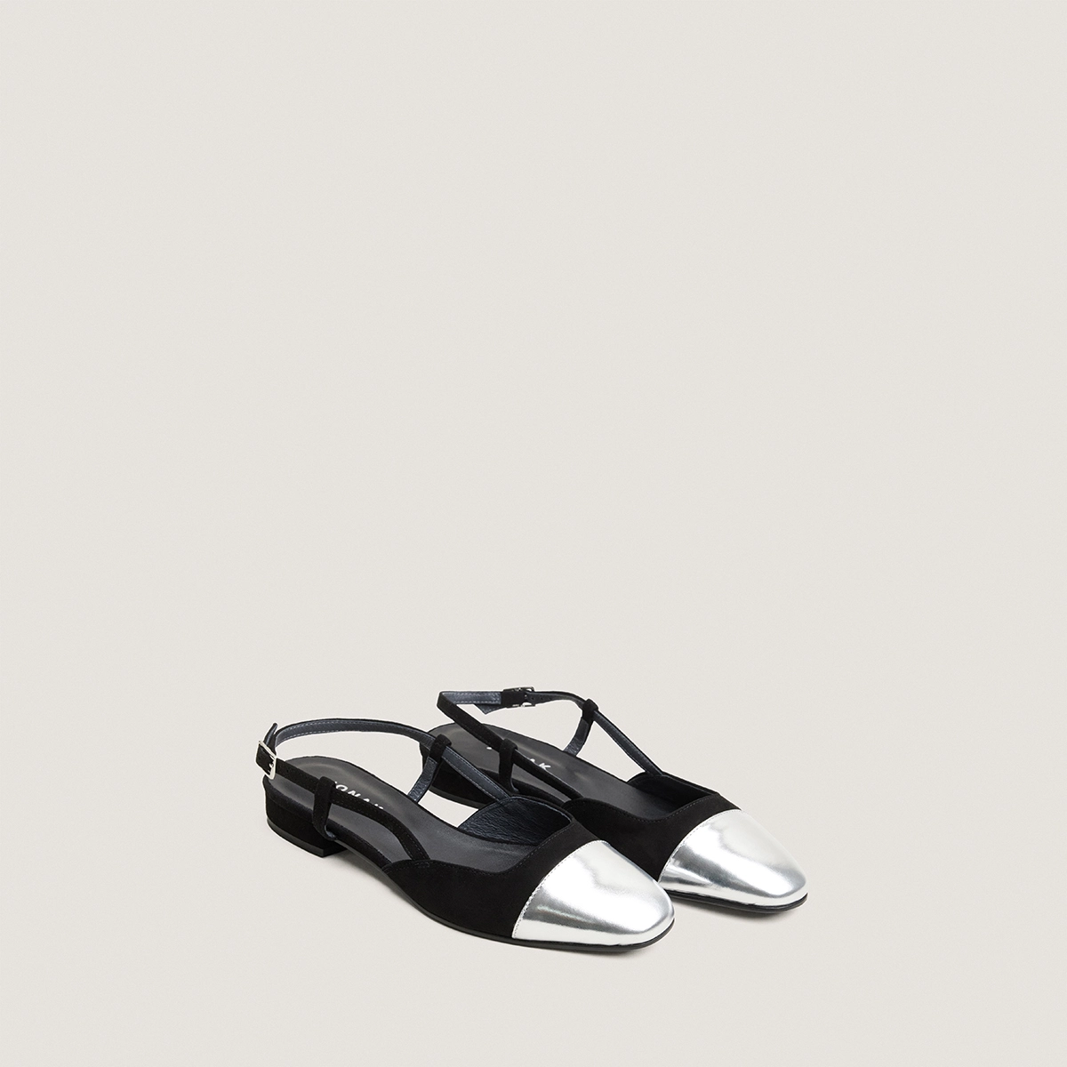 Slingbacks ballet flats in silver mirror and black suede | DHAPOU