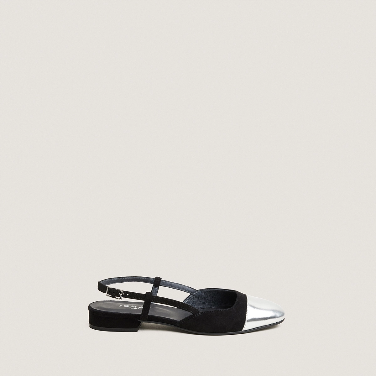 Slingbacks ballet flats in silver mirror and black suede | DHAPOU