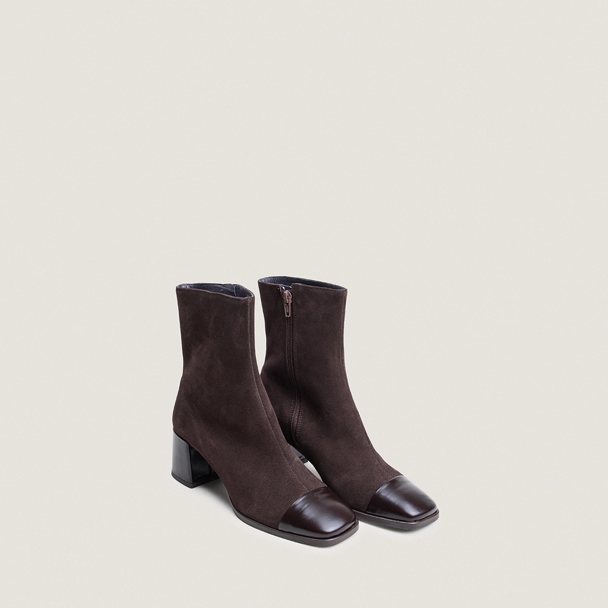 Heeled ankle boots with square toes in dark brown leather and dark brown suede | ALMIR