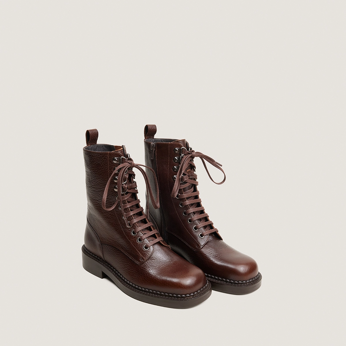 Lace-up heeled ankle boots in brown grained leather | DOLL