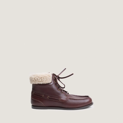 Lace-up boots in brown grained leather and beige fluffy | team
