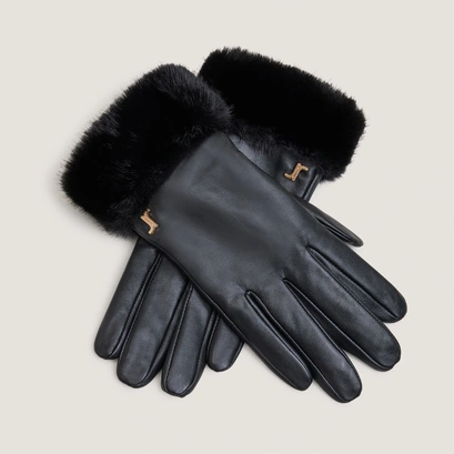 Monogram gloves in black leather and black synthetic fur | josette