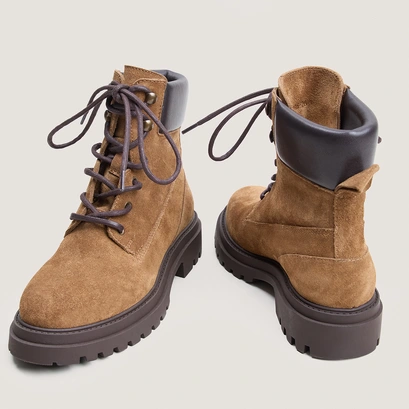 Lace-up boots with lug soles in taupe split leather and brown leather | louane