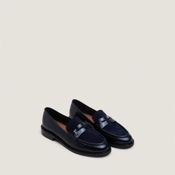 Round-toe monogram loafers in navy leather and navy suede | DUEDI