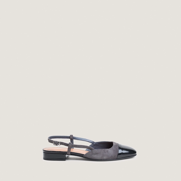 Slingbacks ballet flats in black shiny leather and grey suede | DHAPOU
