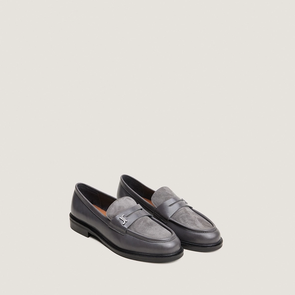 Round-toed loafers with monograms in grey leather and grey suede | DUEDI