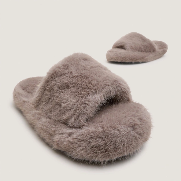 Slippers in grey synthetic fur | JOURNEY