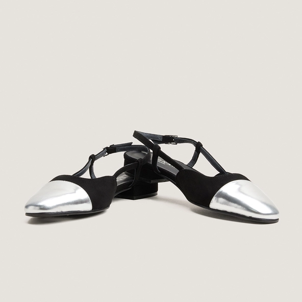 Slingbacks ballet flats in silver mirror and black suede | DHAPOU