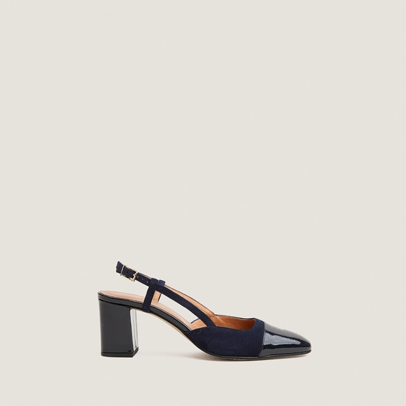 Heeled slingbacks in navy blue shiny leather and navy blue velvet | DHAPOP