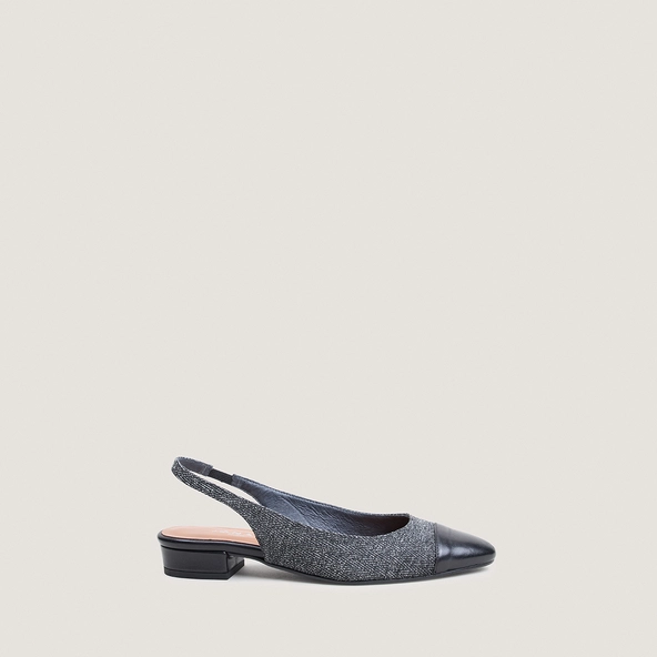 Low-heel slingback ballet flats in black leather and grey chevron pattern | DECISION