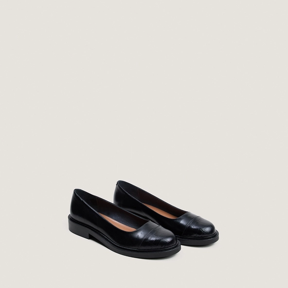 Round-toe ballet flats with low heels in black leather and black croc-effect | DOUM