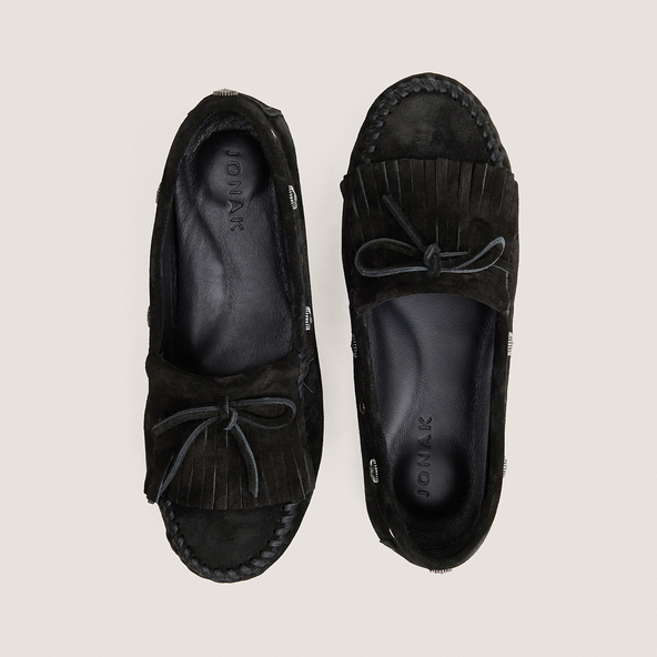 Soft lace-up loafers in black split leather | LOUISON