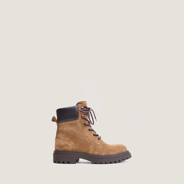 Lace-Up Boots with Lug Soles in taupe suede and brown leather | LOUANE