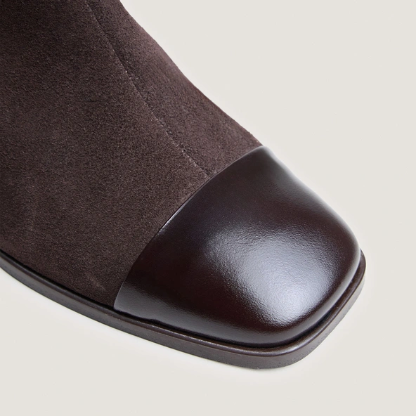 Heeled ankle boots with square toes in dark brown leather and dark brown suede | ALMIR