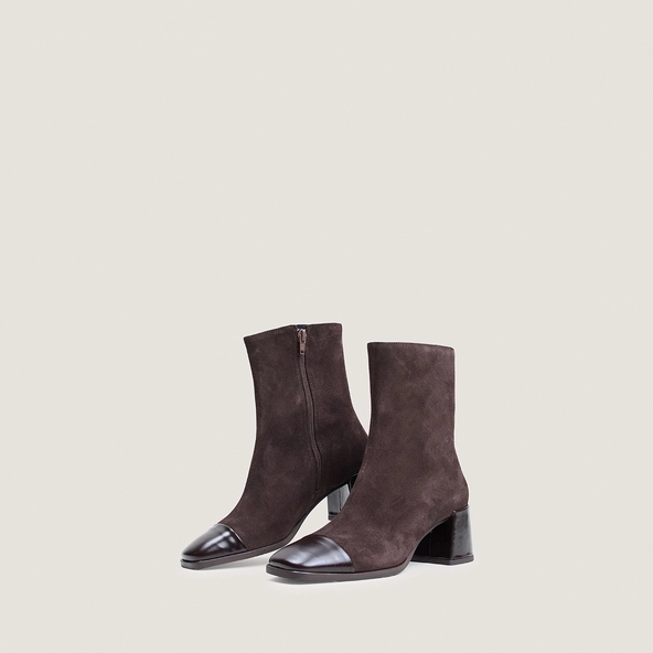 Heeled ankle boots with square toes in dark brown leather and dark brown suede | ALMIR