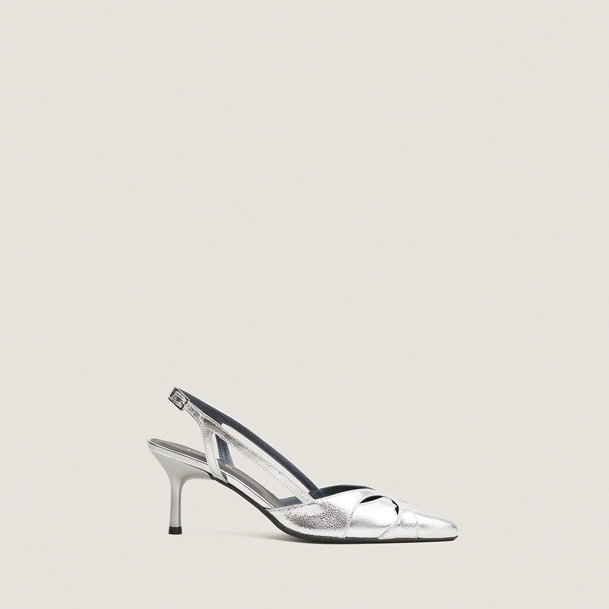 Pointed-toe slingback pumps in silver metallic leather and silver crackled leather | DAMOUR