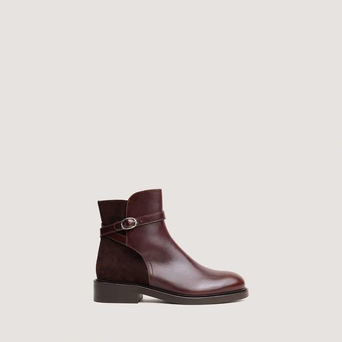 Round-toe ankle boots in chocolate leather and brown suede | DOOTSY