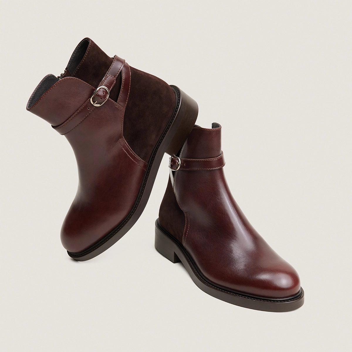 Round-toe ankle boots in chocolate leather and brown suede | DOOTSY