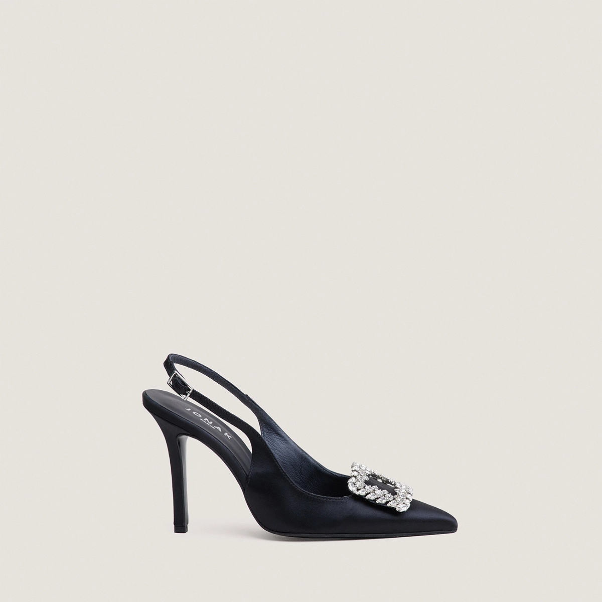 Pointed-Toe Slingback Pumps in black satin | DOVELUS
