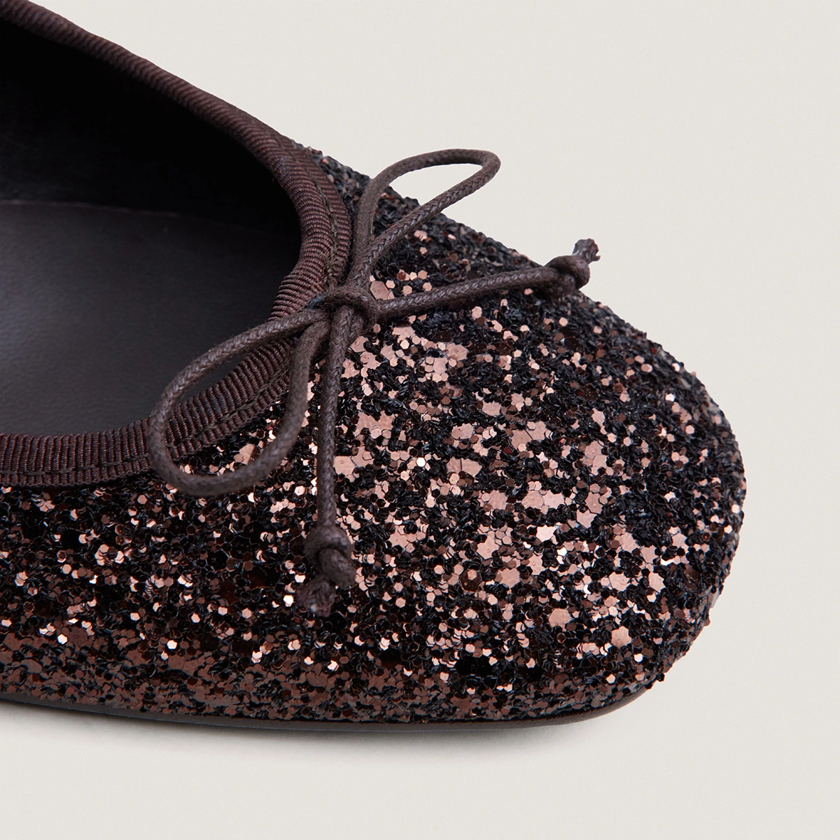 Round-Toe Ballet Flats in brown glitter and dark brown patent | DYBIL