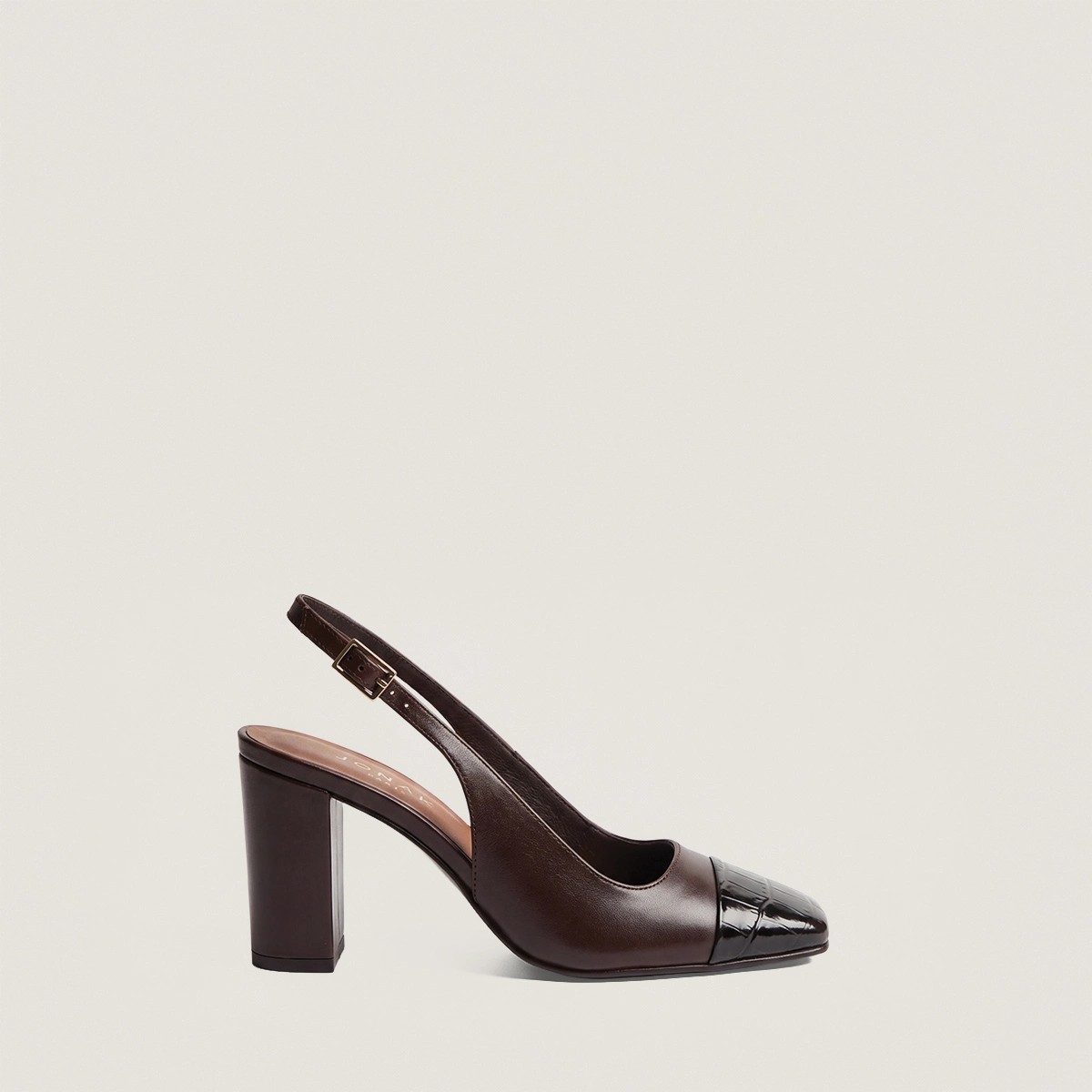 Pumps with square-toes in brown leather and brown crocodile-effect leather | DESTINO