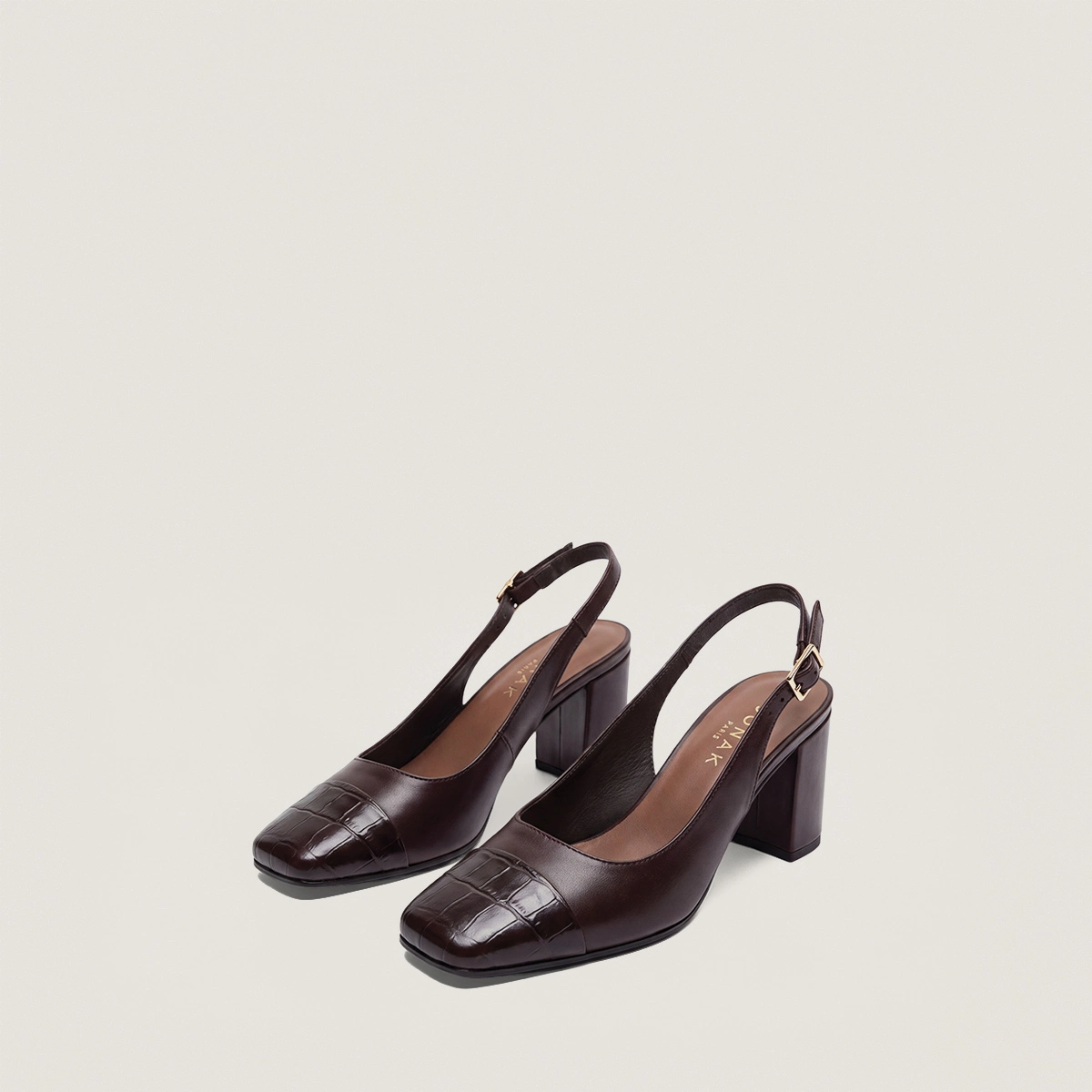 Pumps with square-toes in brown leather and brown crocodile-effect leather | DESTINO