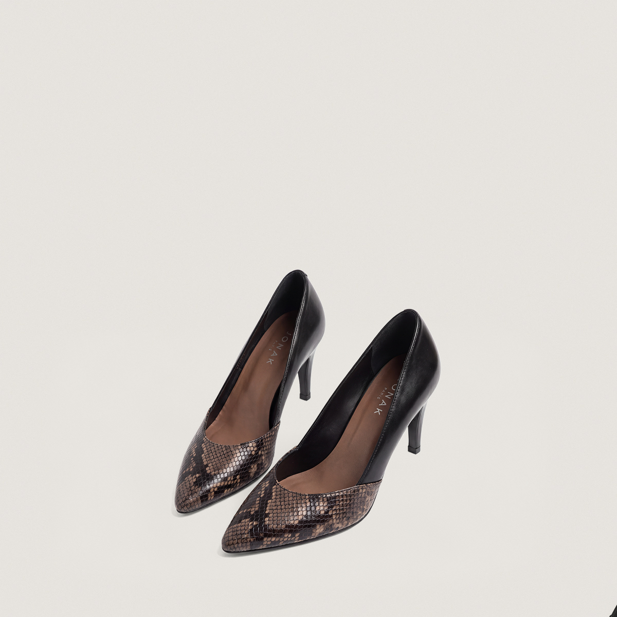 Pumps with pointed toes in taupe python-effect leather and black leather | DIALECTE