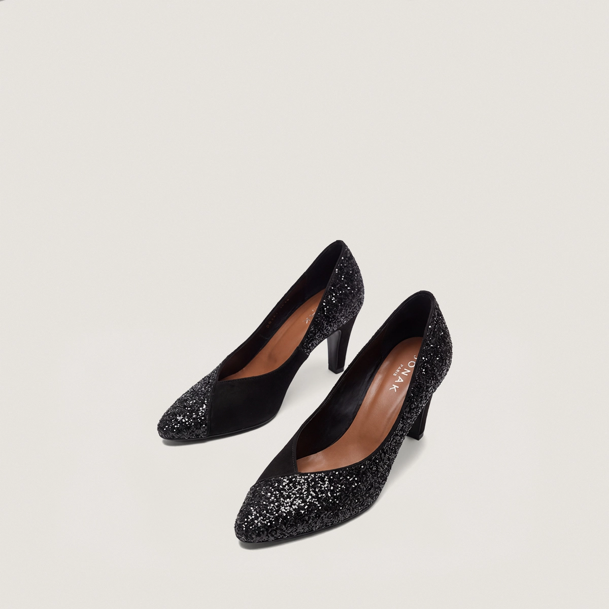 Pumps with pointed toes in black glitter and black suede | DULZURA