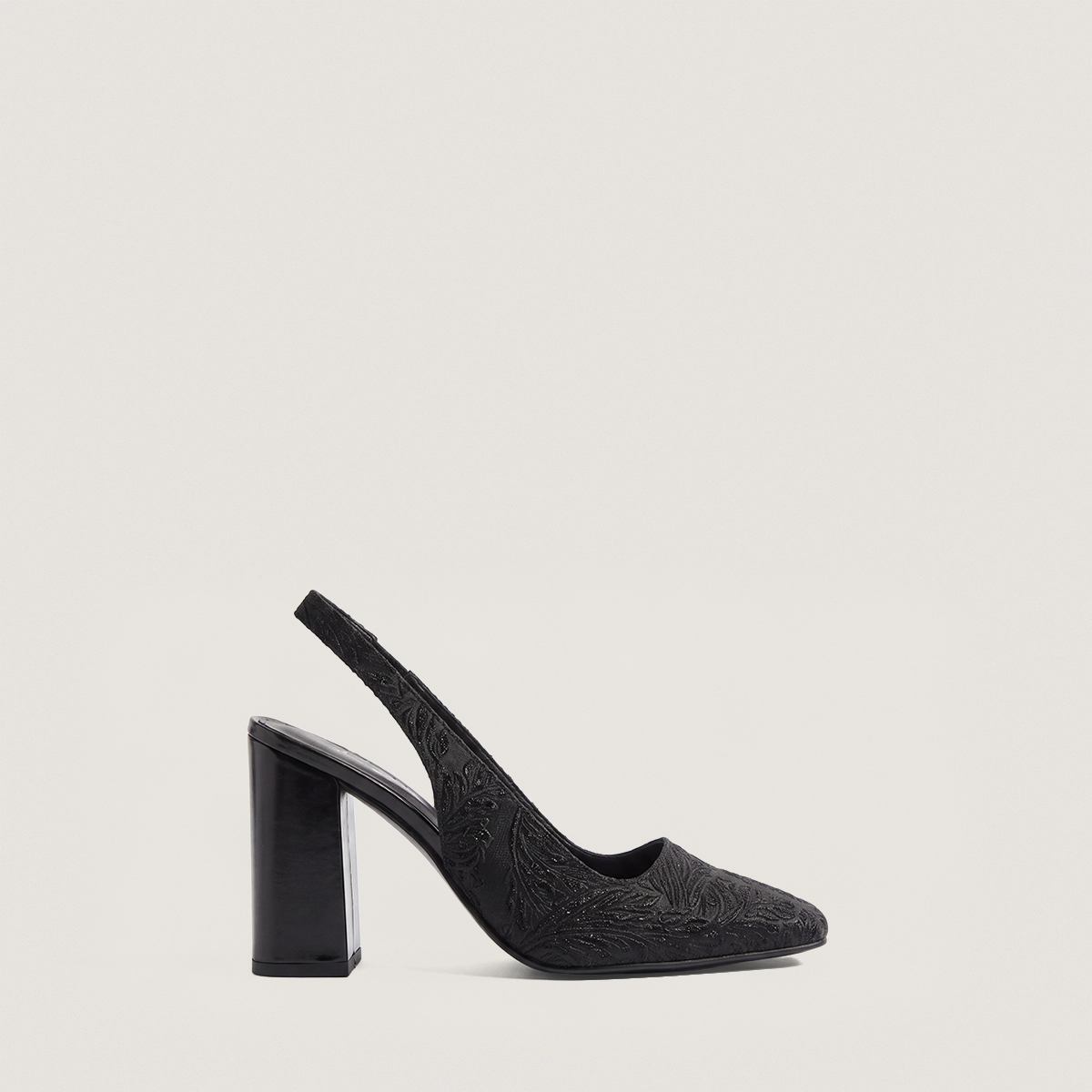 Square-Toe Heeled Pumps in black iridescent fabric and black synthetic | DACK