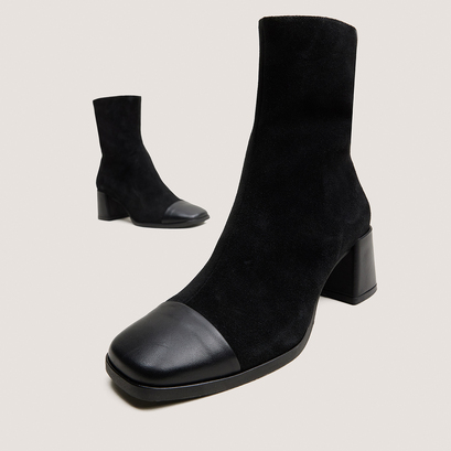 Heeled ankle boots with square toes in black leather and black split leather | almir