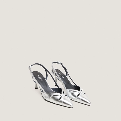 Pointed-toe slingback pumps in silver metallic leather and silver crackled leather | damour