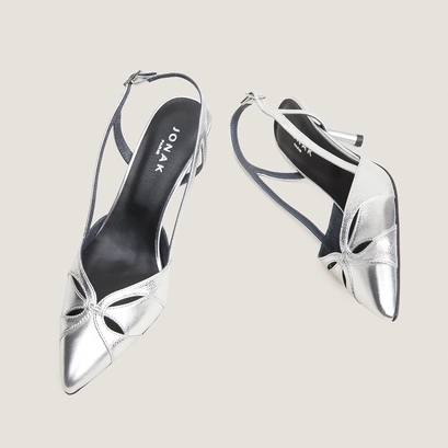 Pointed-toe slingback pumps in silver metallic leather and silver crackled leather | damour