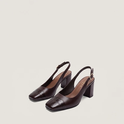 Heeled Pumps in black croco-effect leather and black leather | destino