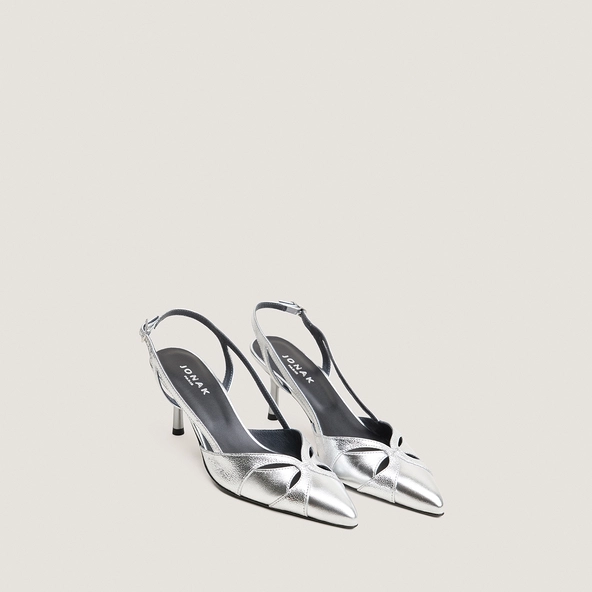Pointed-toe slingback pumps in silver metallic leather and silver crackled leather | DAMOUR