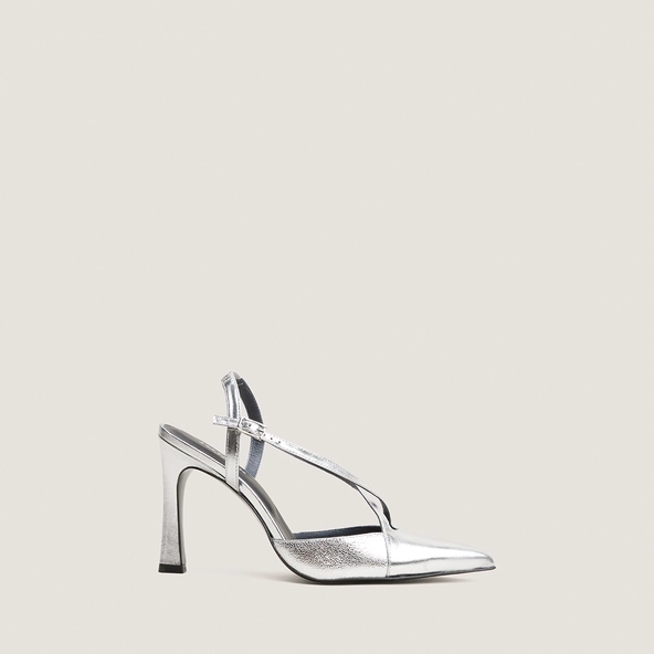 Heeled Pumps in silver metallic leather and silver crackled leather | DAUTOMNE