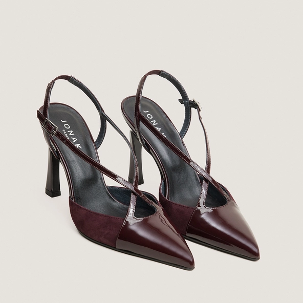 Pointed-Toe Heeled Pumps in bordeaux patent and bordeaux suede | DAUTOMNE