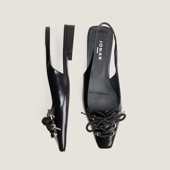 Lace-Up Slingback Ballet Flats in black glazed leather | DINOU
