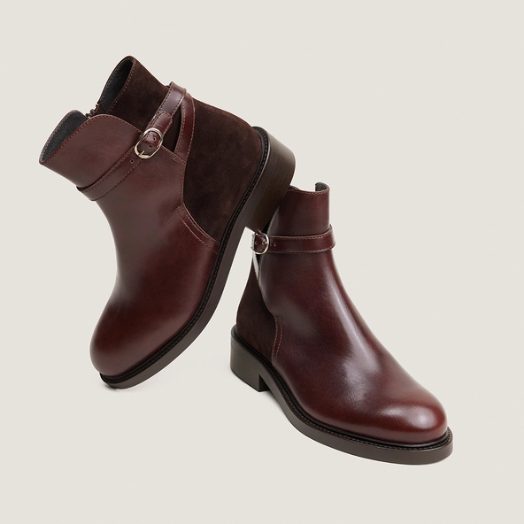 Round-toe ankle boots in chocolate leather and brown suede | DOOTSY
