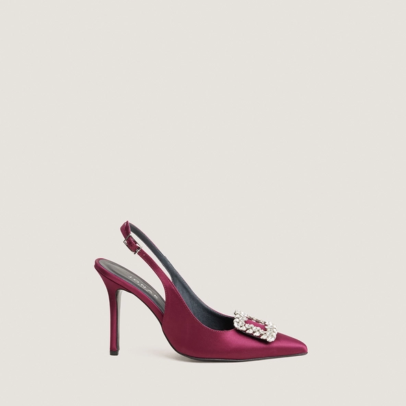 Pointed-Toe Slingback Pumps in bordeaux satin | DOVELUS