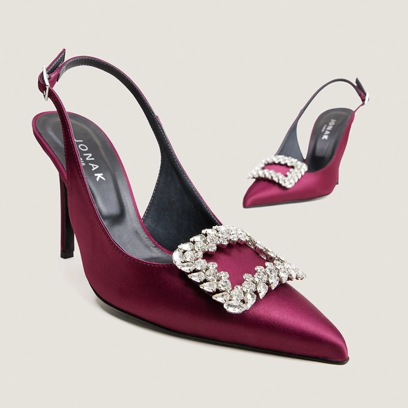Pointed-Toe Slingback Pumps in bordeaux satin | DOVELUS