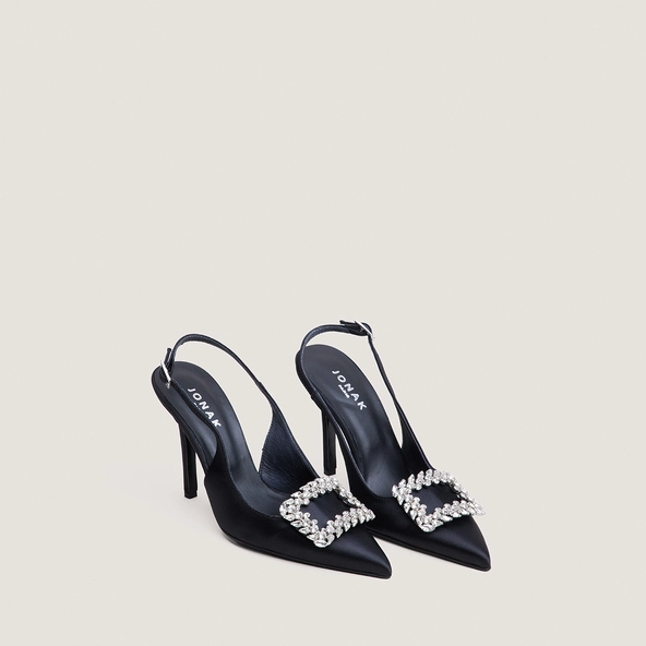 Pointed-Toe Slingback Pumps in black satin | DOVELUS