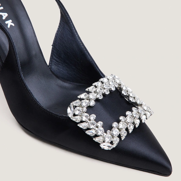 Pointed-Toe Slingback Pumps in black satin | DOVELUS