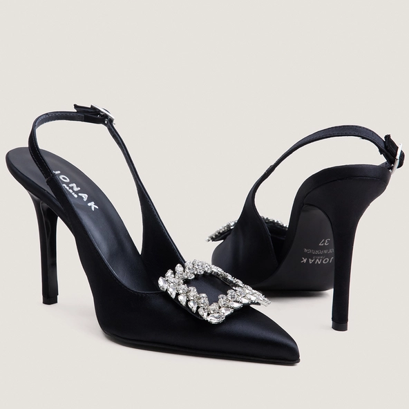Pointed-Toe Slingback Pumps in black satin | DOVELUS