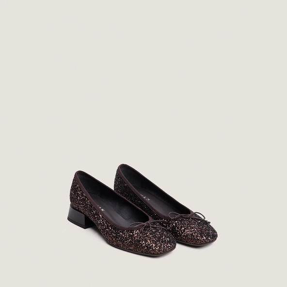 Round-Toe Ballet Flats in brown glitter and dark brown patent | DYBIL