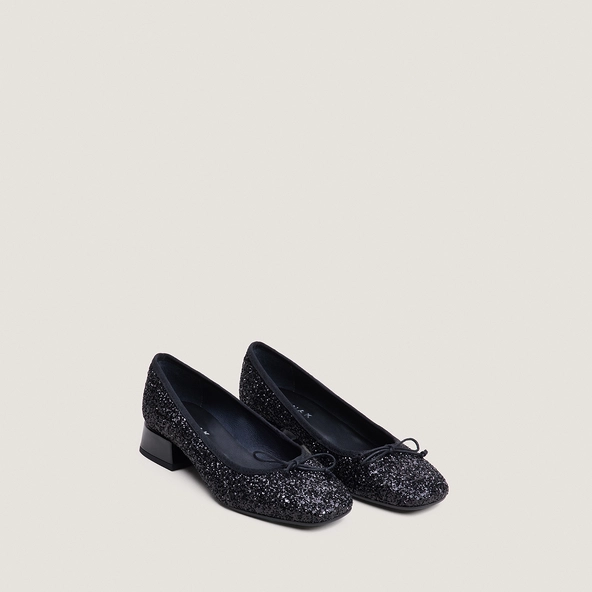 Round-Toe Ballet Flats in black glitter and black patent | DYBIL