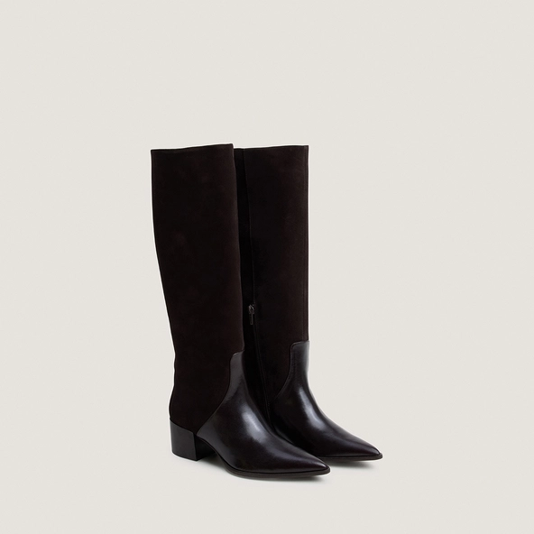 Heeled Pointed-Toe Boots in dark brown leather and dark brown split leather | PRIME