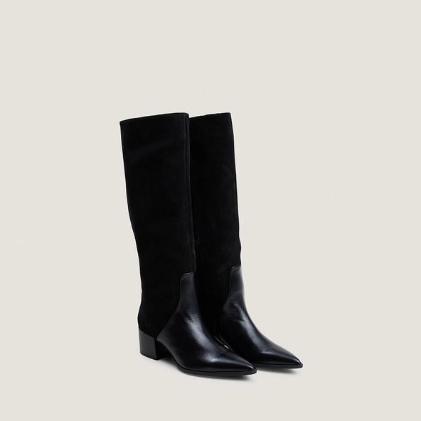 Heeled boots in black leather and black split leather | PRIME