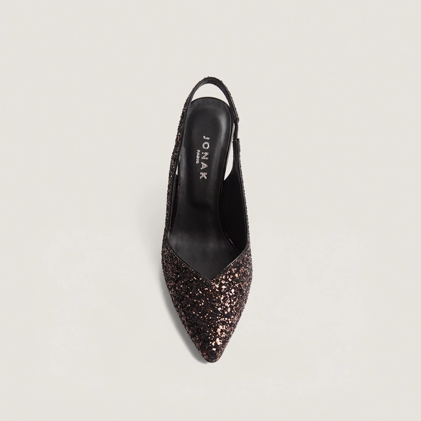 Pointed-toe slingback pumps in brown glitter | DILETTO